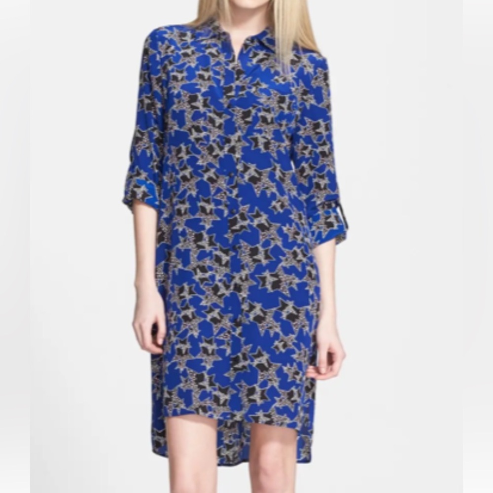 Diane Von Furstenberg 100% Silk Shirt Dress 4 Blue Star Print Long Sleeve